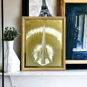 Vintage Art Golden Print Eiffel Tower Glass Wood Frame 8.75"x10.75" Wall Decor A